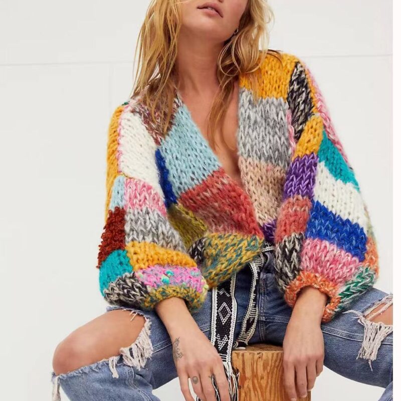 Retro Rainbow Grid Cardigan Sweater