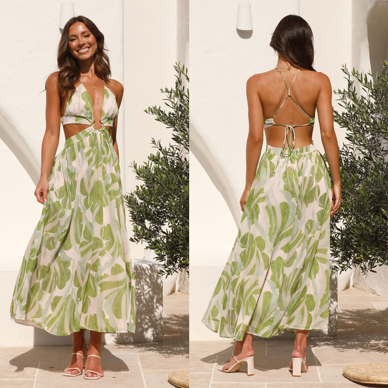 Boho Floral Maxi Dress | V-Neck Backless Dress with Adjustable Ties