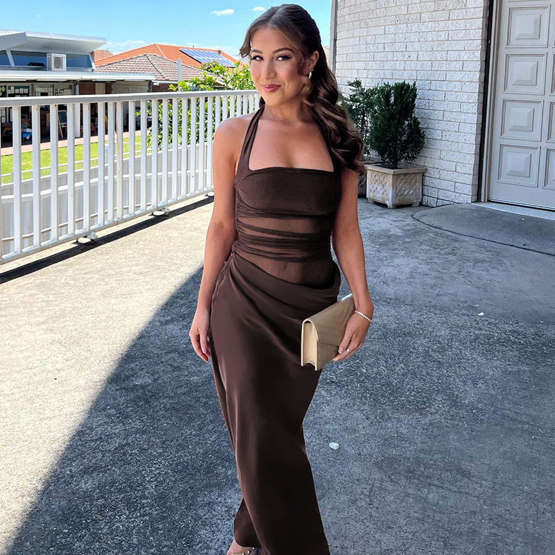 Mesh Backless Halter Maxi Dress
