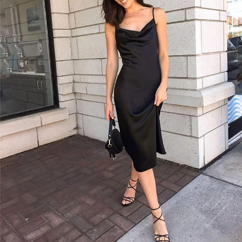 Sexy Satin Slip Dress | Spaghetti Strap Slit Midi Dress