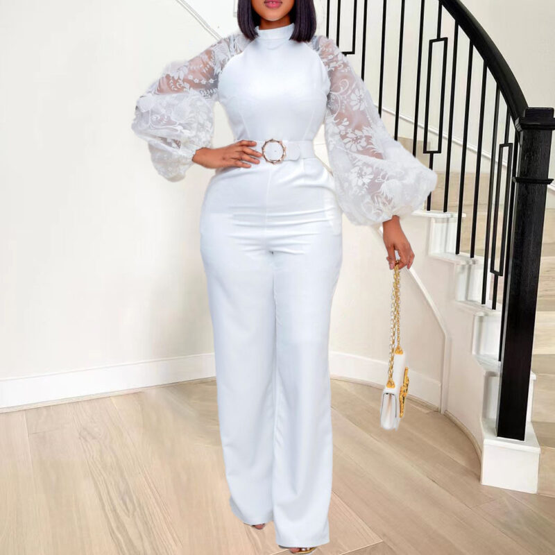 Mesh Belt Slim Wide Leg Jumpsuit
