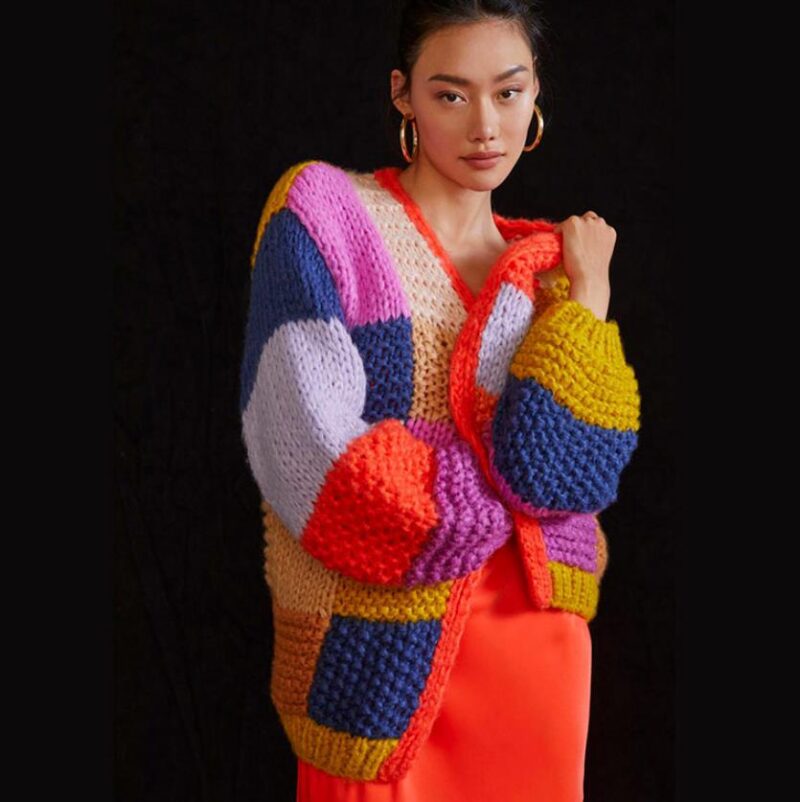 Rainbow Checkered Thick Needle Sweater Jacket Knitted Sweater