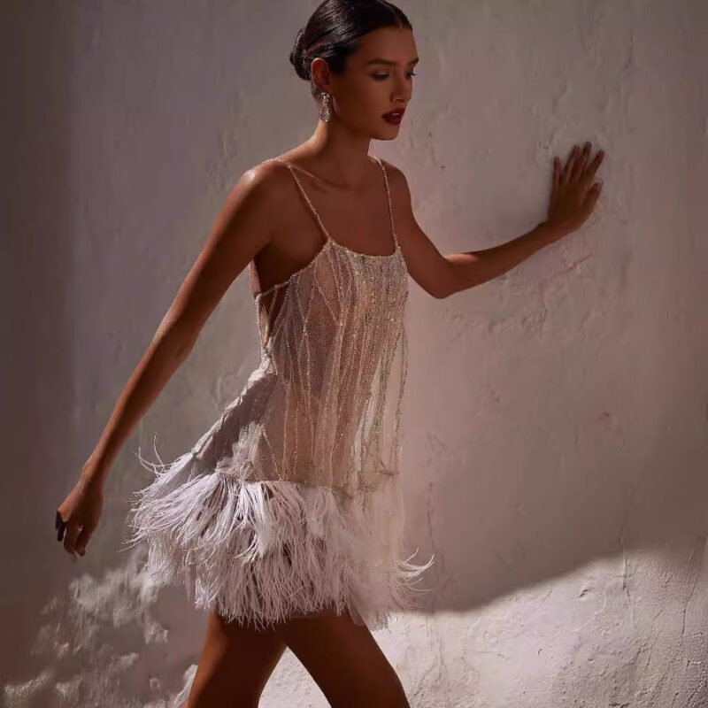Beaded Feather Mini Dress | Sexy Backless Sequin Slip Dress