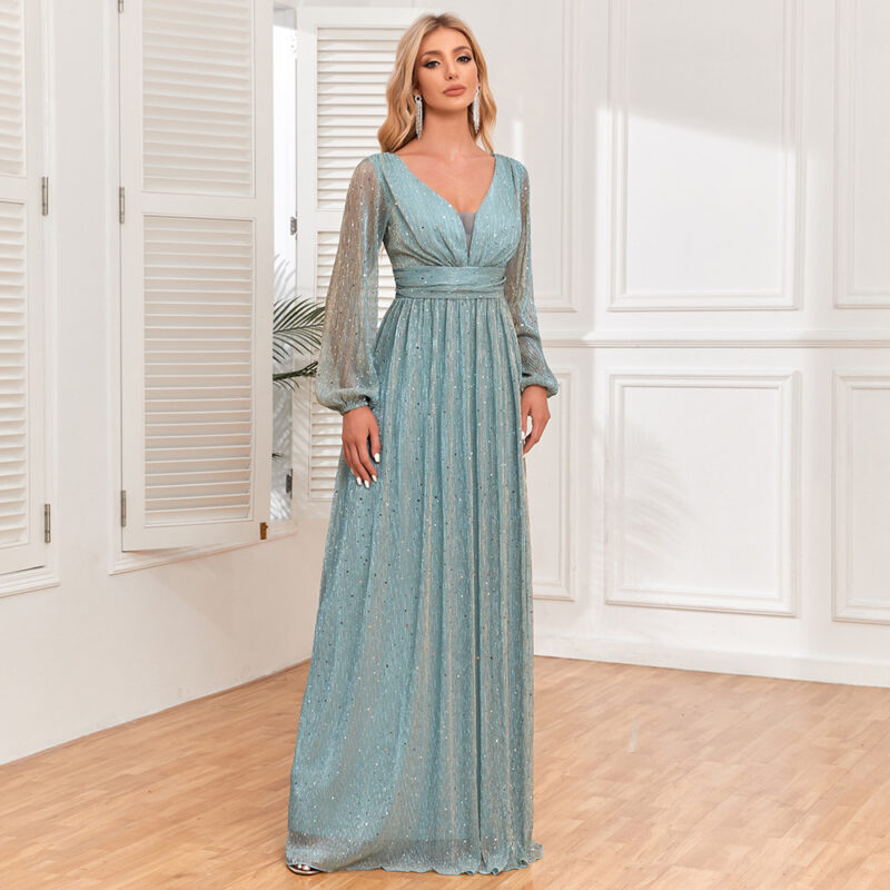 Elegant Sparkly Gown | V-Neck Long Sleeve A-Line Evening Dress