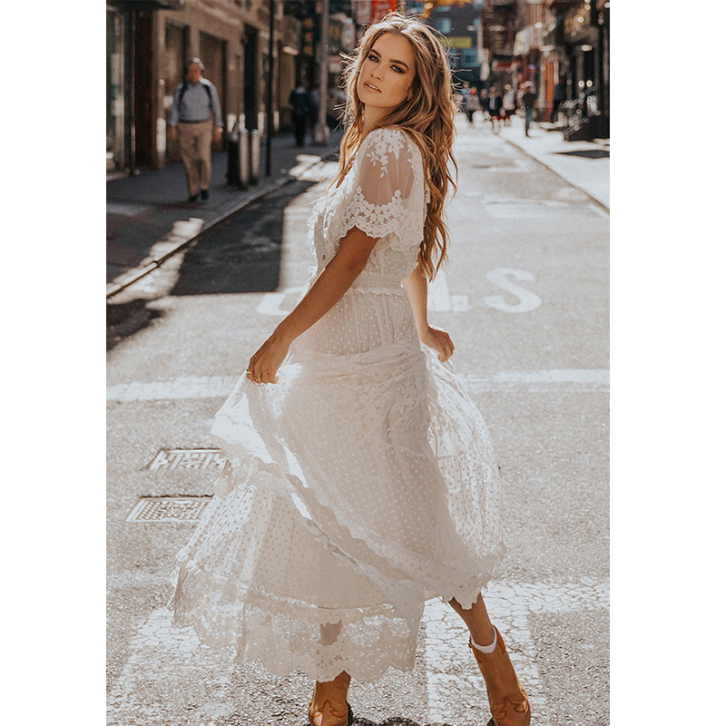 V Collar Lace Midi Dress