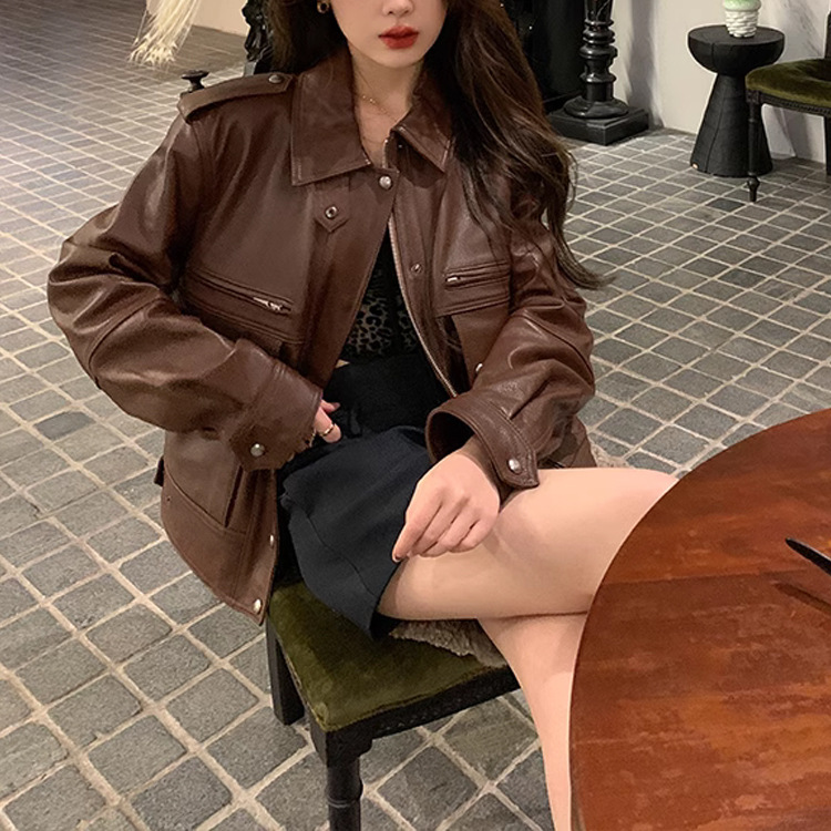 Shearling-Collar Leather Work Jacket