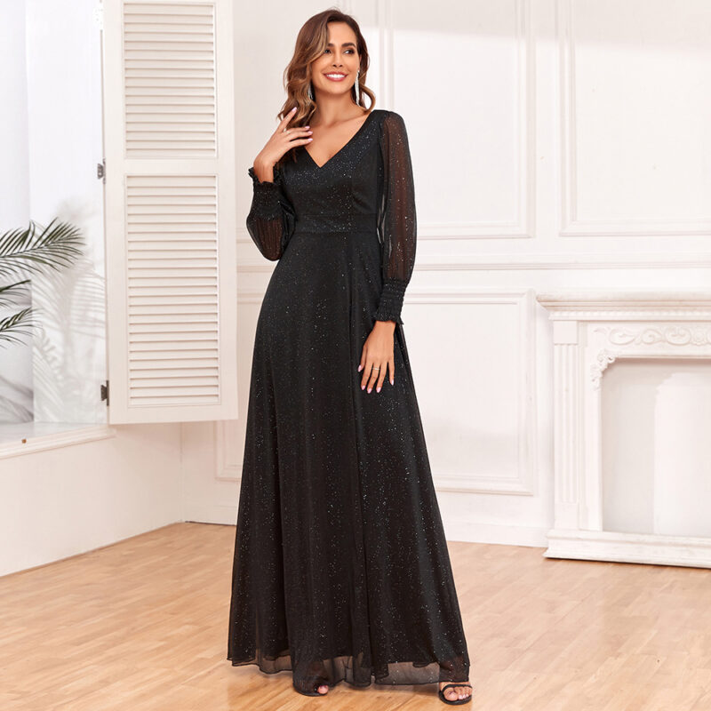 Elegant Black Evening Gown | Sheer Sleeve V-Neck High-Slit Maxi Dress