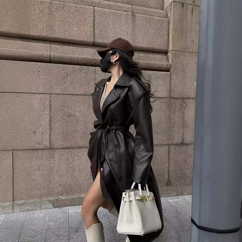 Black-Brown Retro Knee-Length Leather Coat