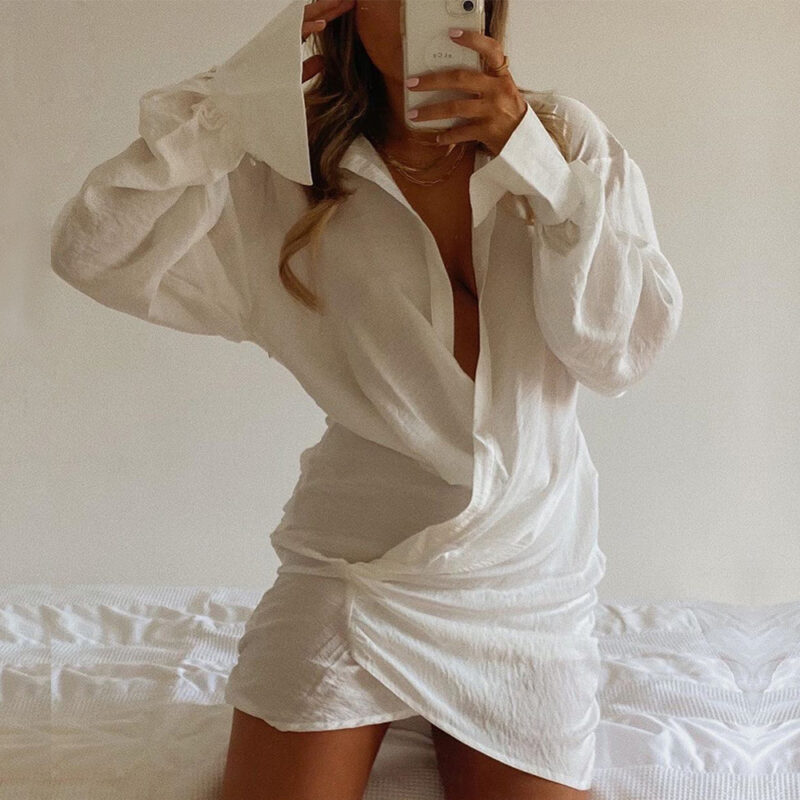 Deep V-Neck Shirt Dress | Sexy Long Sleeve Wrap Mini Dress