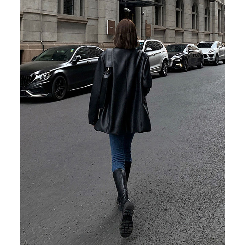 Western-Inspired Loose Leather Suit Jacket