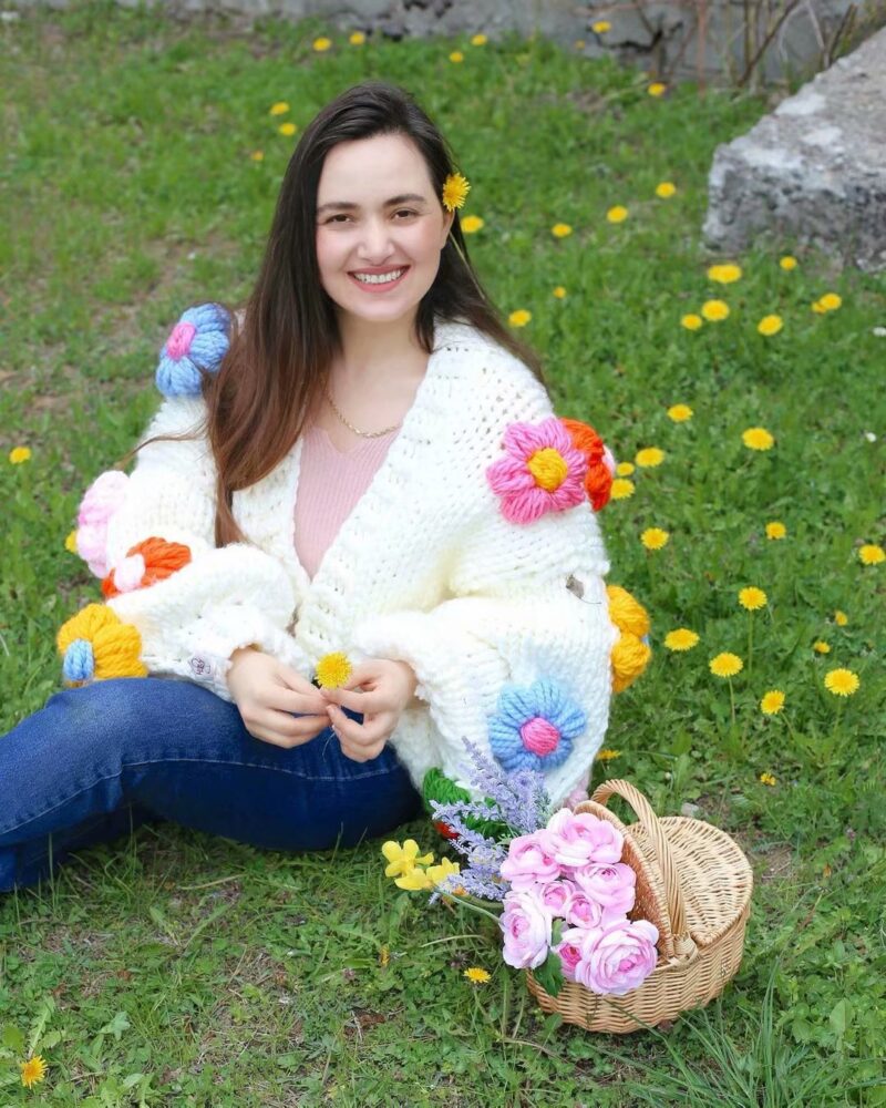 Flower Thick Stick Needle Pure Hand Weaving Sweet Sweater