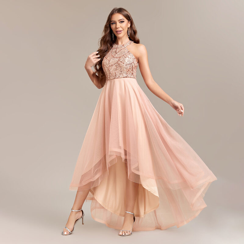 Sequin Halter Neck Dress | Layered Tulle High-Low Party Gown