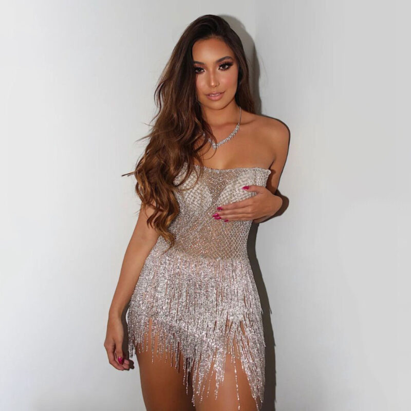 Sexy Fringe Mini Dress | Strapless Sheer Bodycon Gown
