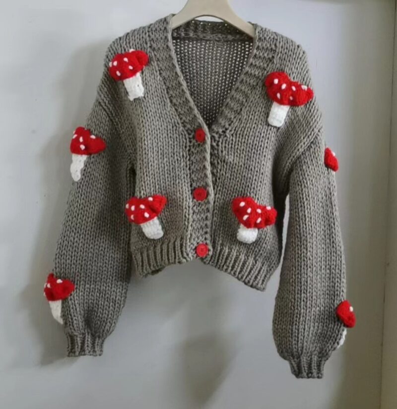 Loose Sweet Mushroom Hook Flower SHORT Coarse Pod Cord Sweater Cardigan