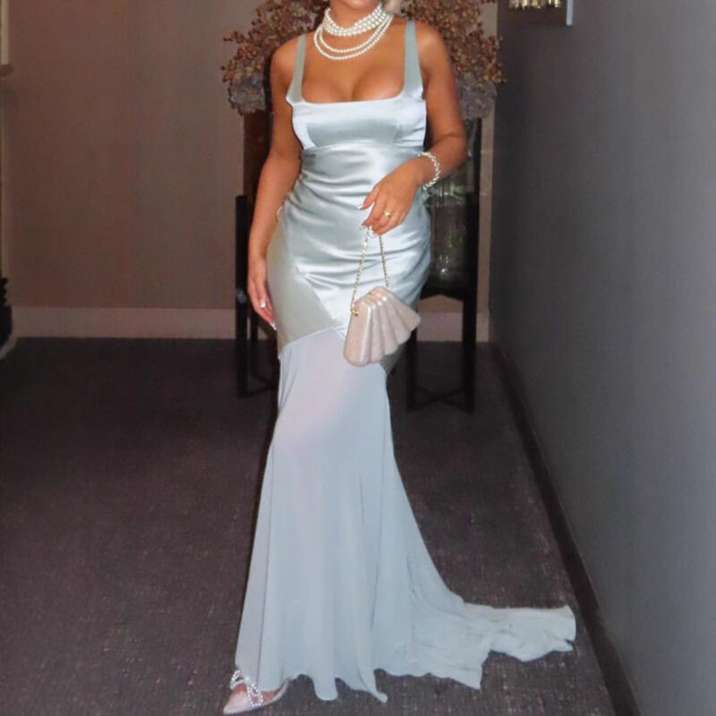 Elegant Satin & Chiffon Gown | Sleeveless Bodycon Maxi Dress