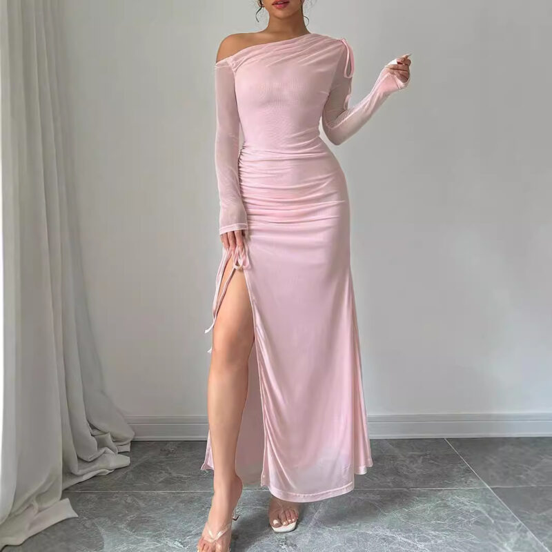 Elegant One-Shoulder Mesh Long Sleeve Maxi Dress | Chic Ruched Evening Gown