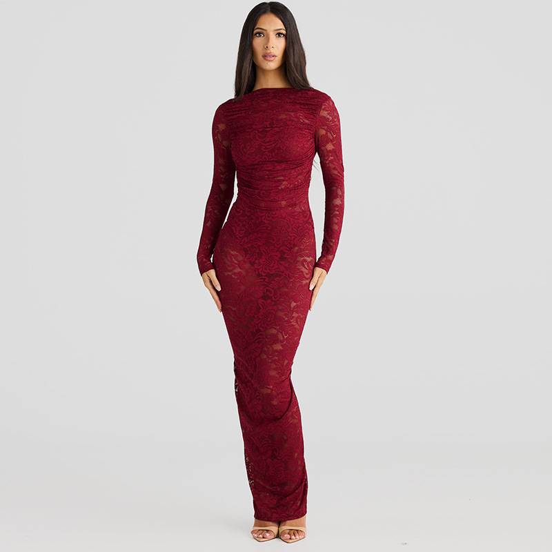 Lace Panel Long Sleeve Gown