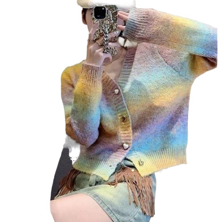 Heart-Shaped Gradient Rainbow Knit Cardigan Sweet Sweater