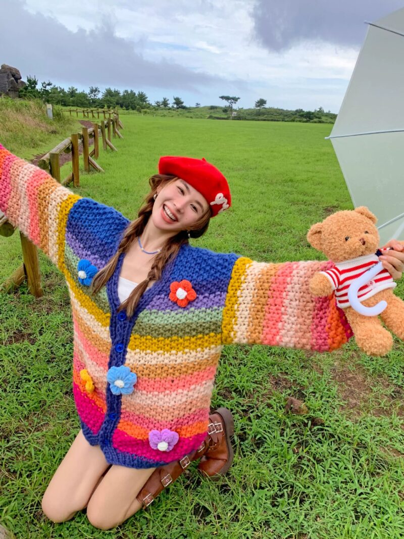 Rainbow Striped Flower Sweater Jacket
