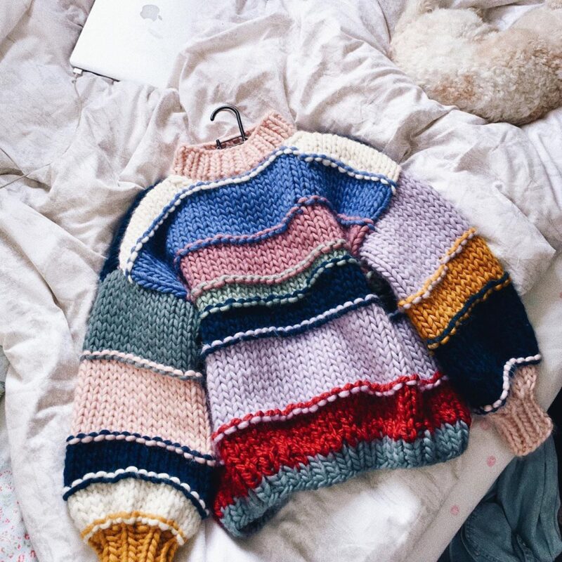Weaving Rainbow Striped Sweater Jacket Thick Needle Sweater