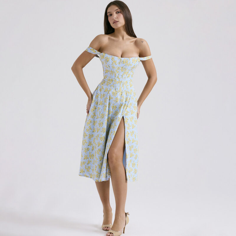 Floral Corset Midi Dress | Elegant Slit Backless A-Line Sundress
