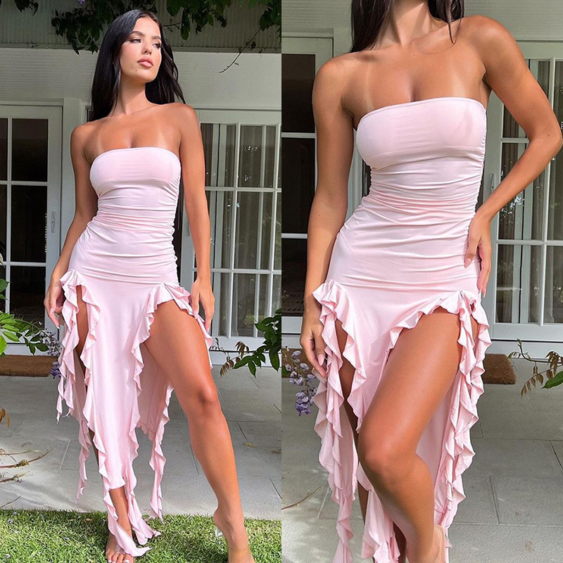 Strapless Ruffle High-Slit Dress | Sexy Bodycon Off-Shoulder Maxi Dress