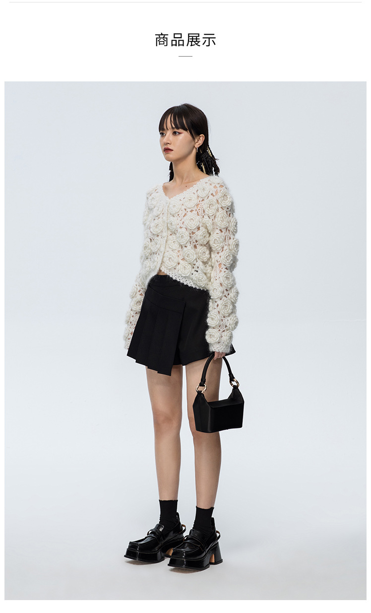 High -Proportion Of Wool Horse Hemori Rice White Hook Needle Rose Sweater Knitted Cardigan