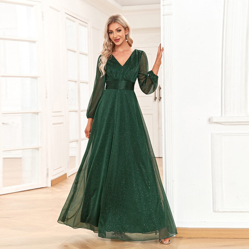 V-neck Glitter Chiffon Dress | Elegant Long Sleeve Party Dress