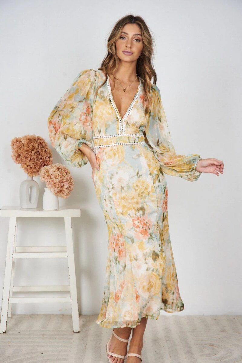 Asymmetric Hem Maxi Dress | Floral Print Chiffon Dress with V-Neck