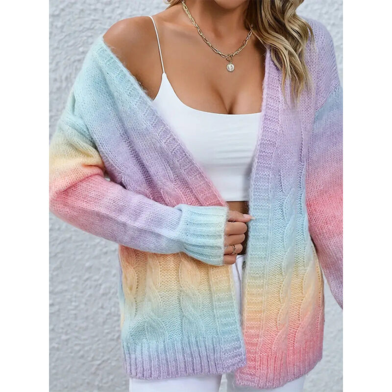 Sweater Cardigan Jacket Rainbow Tie-Dye Twist Long Sleeve Knitted Sweater