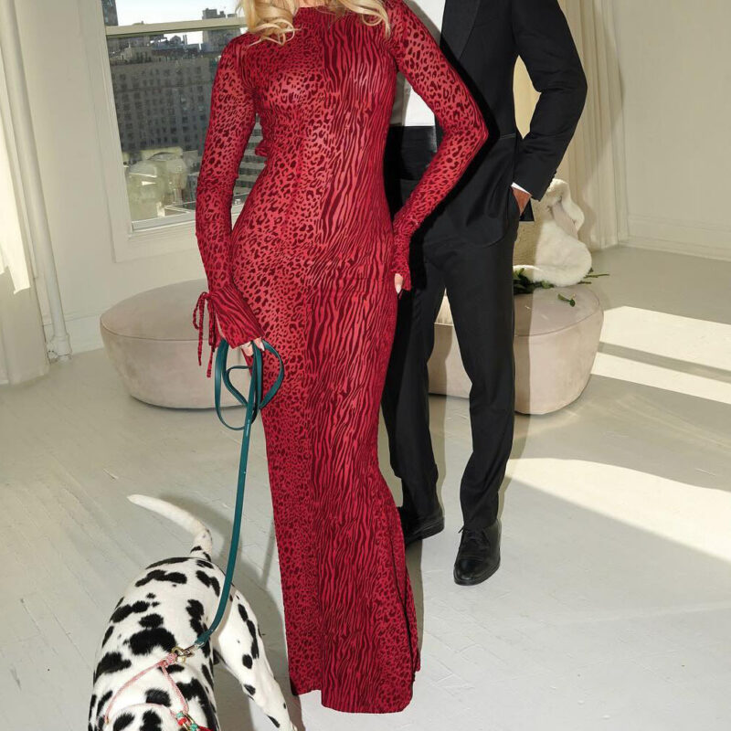 Red Leopard Print Fish Tail Dress | Sexy Backless Long Sleeve Gown
