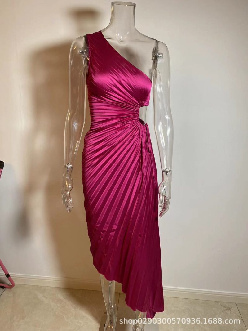 One Shoulder Slant Collar Hollow Out Dress (Satin)