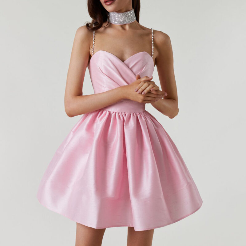 Ruched Satin Mini Dress | Elegant Rhinestone Strap Gown