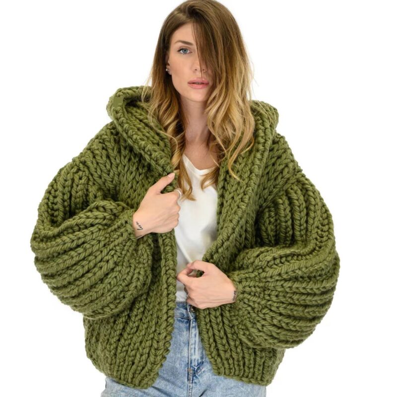 Loose Hooded Cardigan Sweater Stick Knit Sweater