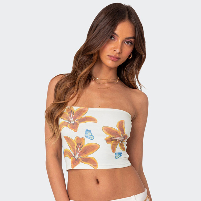 Slim Midriff Floral Off Shoulder Tops