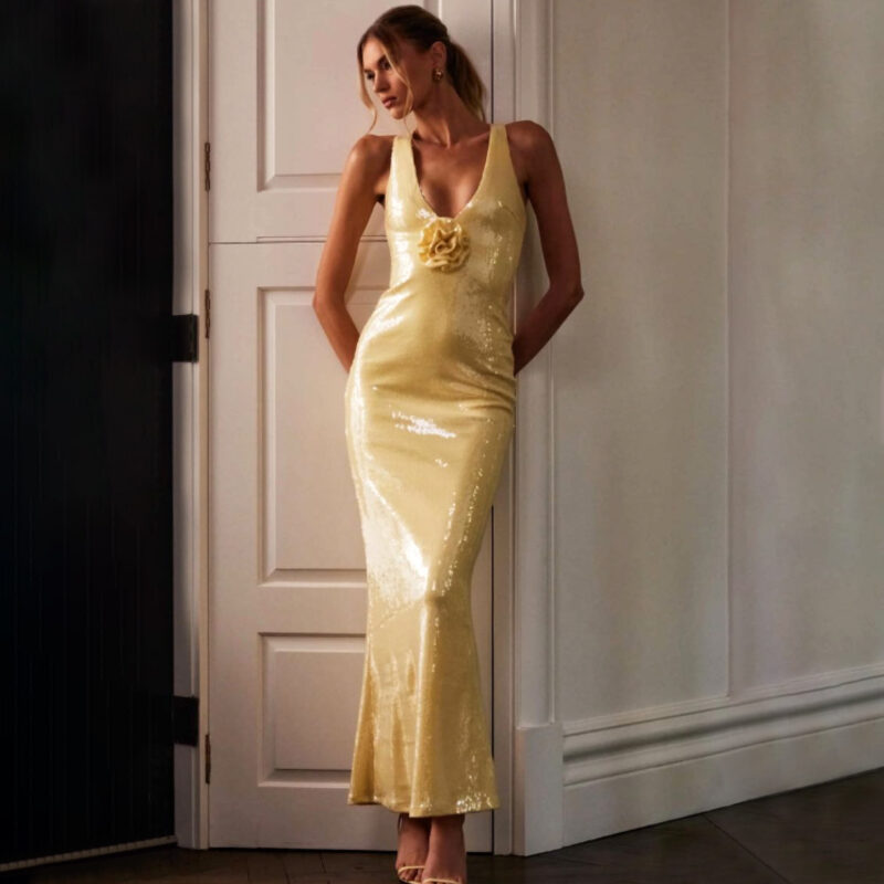 Yellow Sequin Dress | Elegant One-Shoulder Party Gown in Black & Red