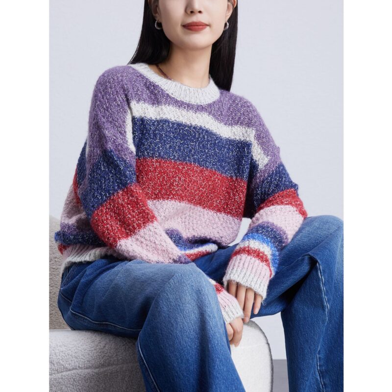 Knitted Pullover Sweater Colored Strips Retro Loose Tops