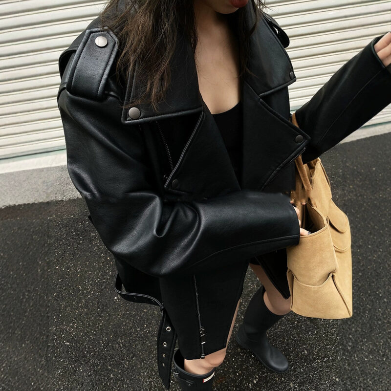 Loose Black Leather Biker Jacket