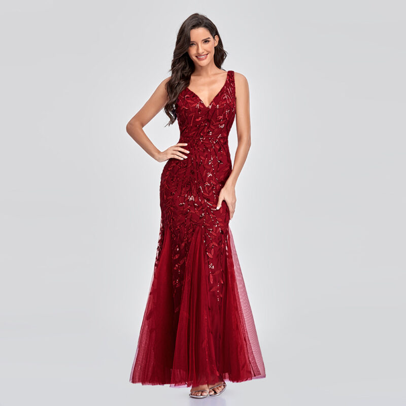 Sequin-Embellished V-Neck Dress | Elegant Floral Embroidered Mermaid Evening Dress