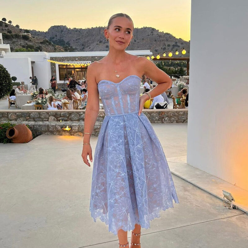 Elegant Strapless Lace Dress | Wedding Guest Outfit with Floral Design