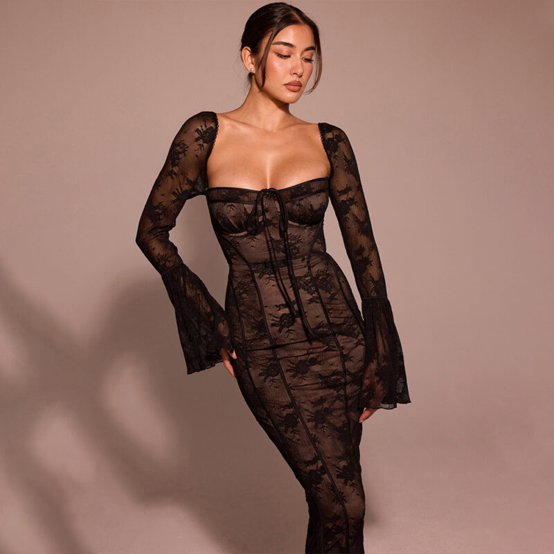 Lace Off Shoulder Backless Maxi Dress