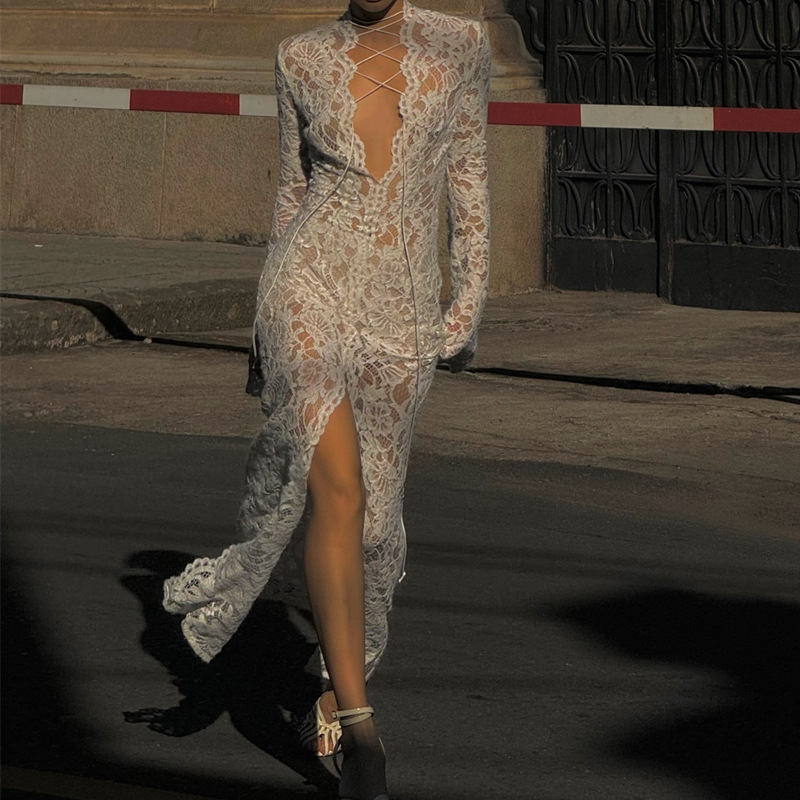 Lace Slit Long Sleeve Dress