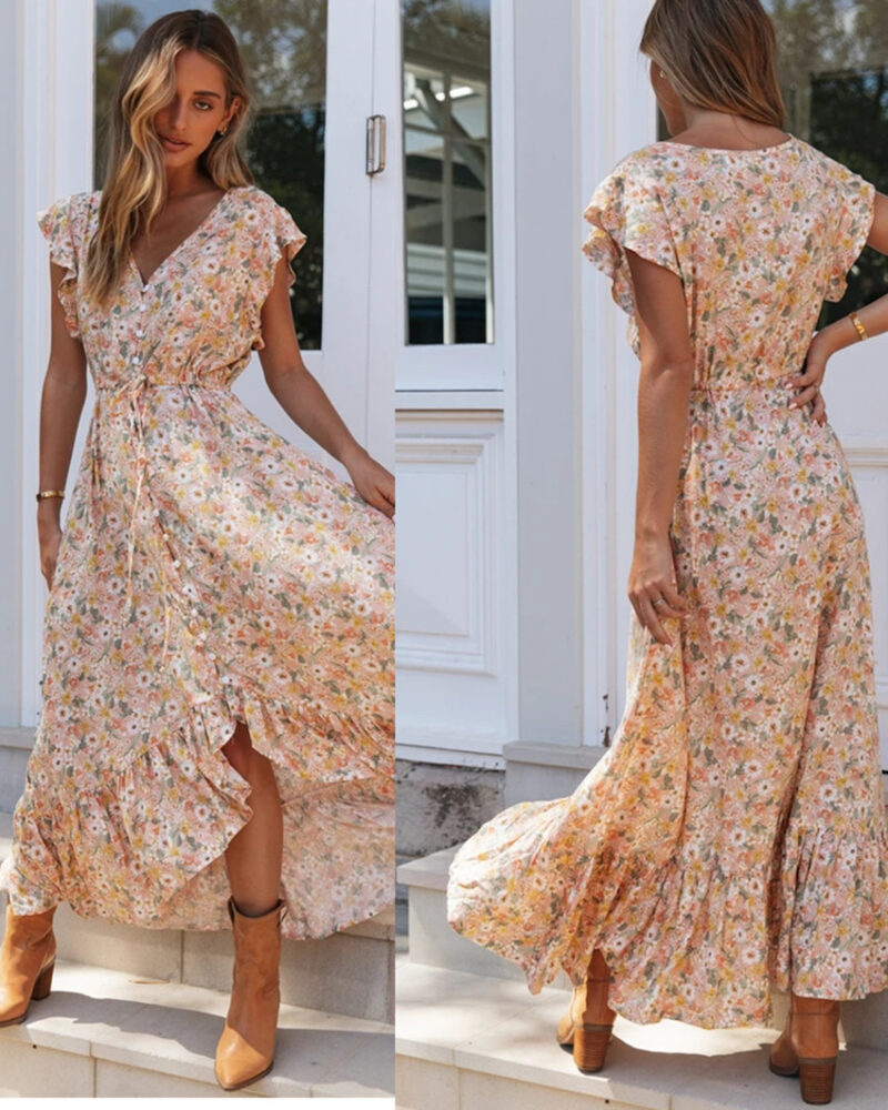 V-Neck Floral Maxi Dress | Button-Down Wrap Dress with Belted Waist