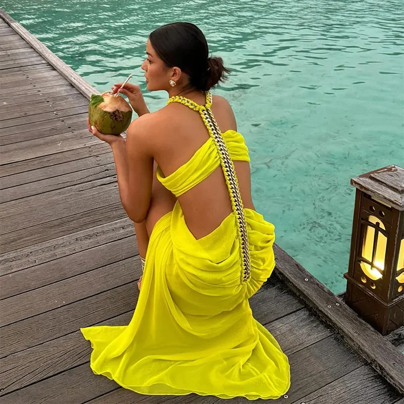 Cutout Halter Maxi Dress | Sexy Chain High-Slit Gown