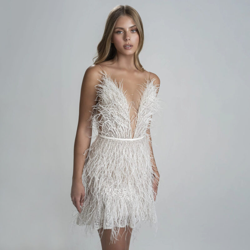 Glamorous Feather Mini Dress | Deep V Backless Party Dress