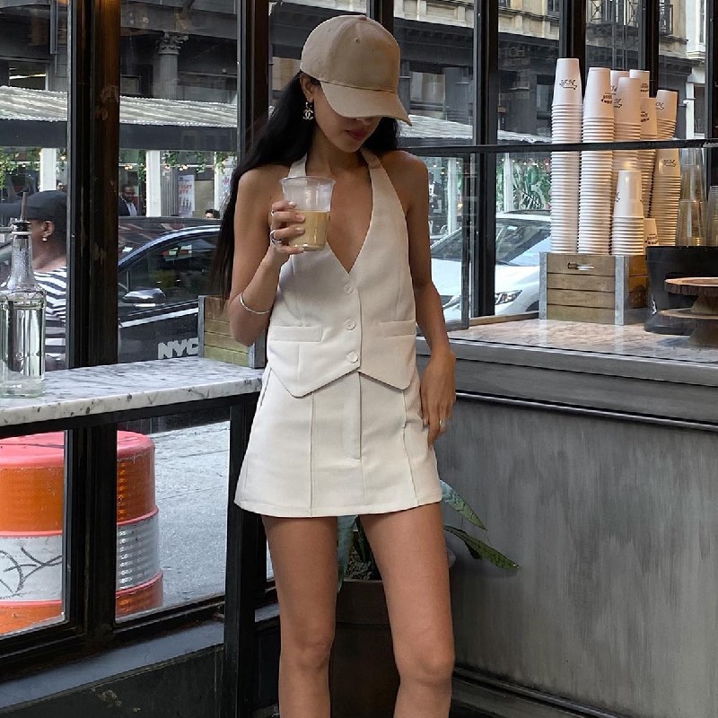 Fake Halter Vest Skirt Set