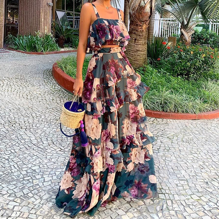 Floral Two-Piece Dress Set | Strapless Top + Maxi Skirt Outfit