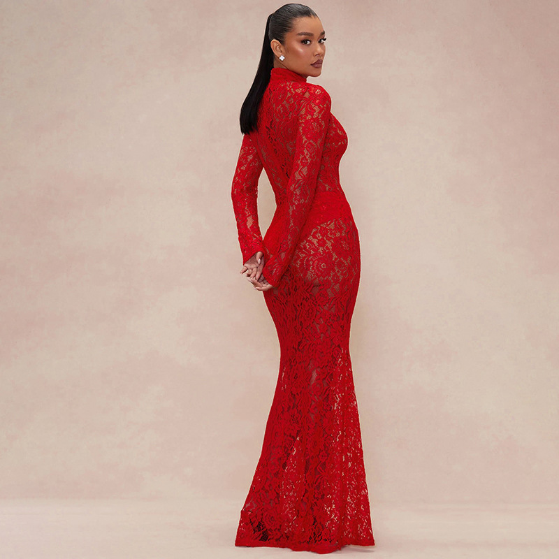 Lace Half-High Neck Slim Sexy Dress