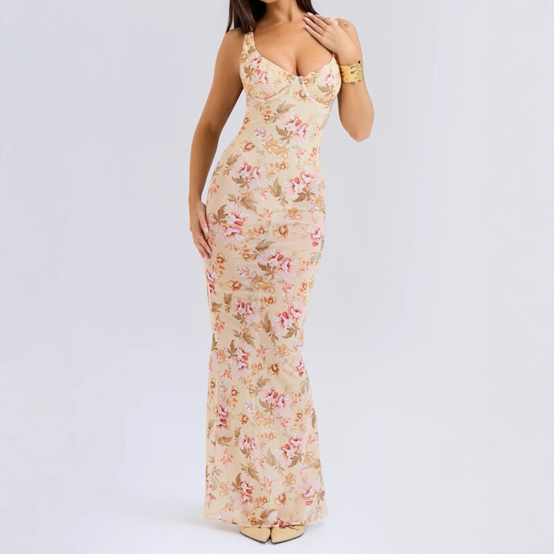Floral Bodycon Maxi Dress | Elegant Sexy Sleeveless Tight-Fit Dress