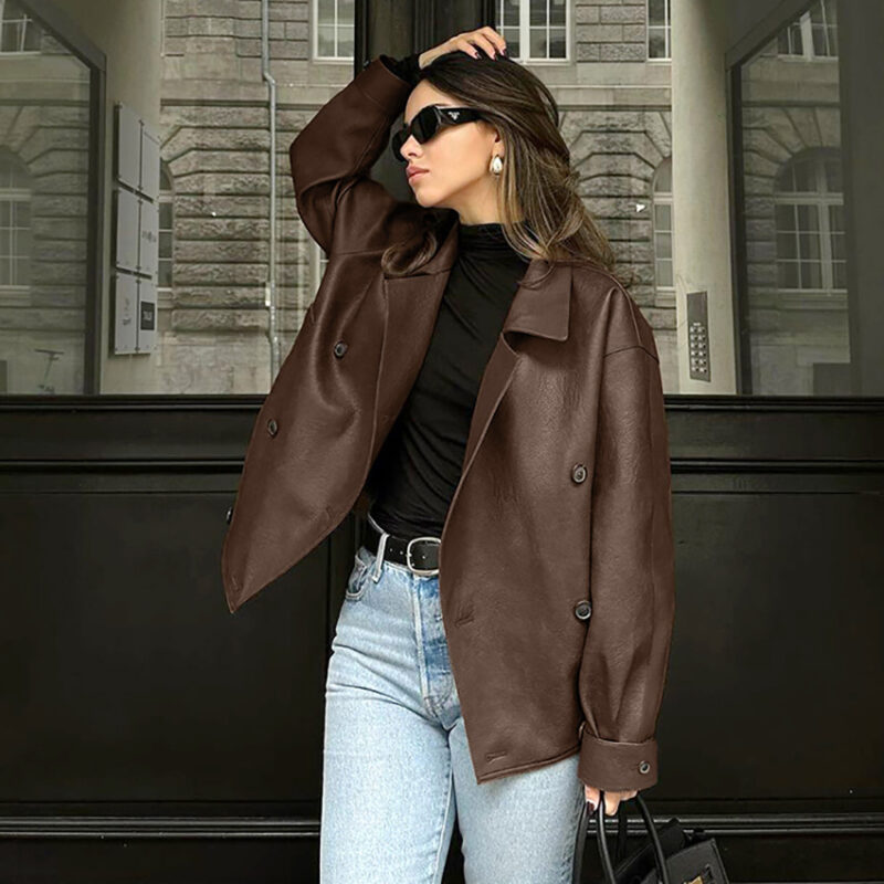 Retro Brown Loose Leather Mid-Coat